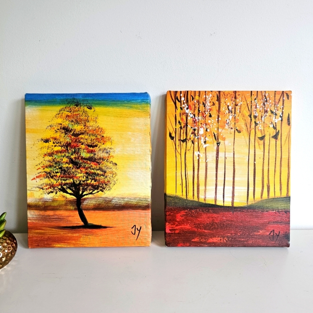 Set of 2 Abstract Landscape Oil Painting Autumn Scenery Wall Art Canvas Oil Art